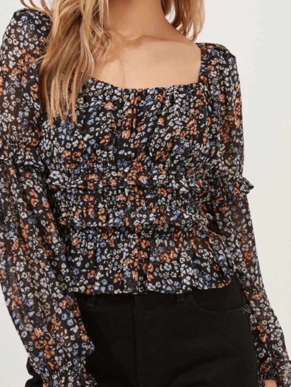 Astr Black Floral Smocked Peasant Top with Blue and Tan Flowers